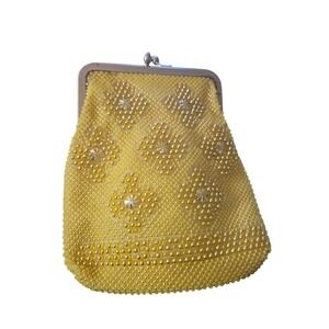 Vintage Golden Name Yellow Beaded Kiss Lock Clutch Bag Made in‎ Hong Kong Floral